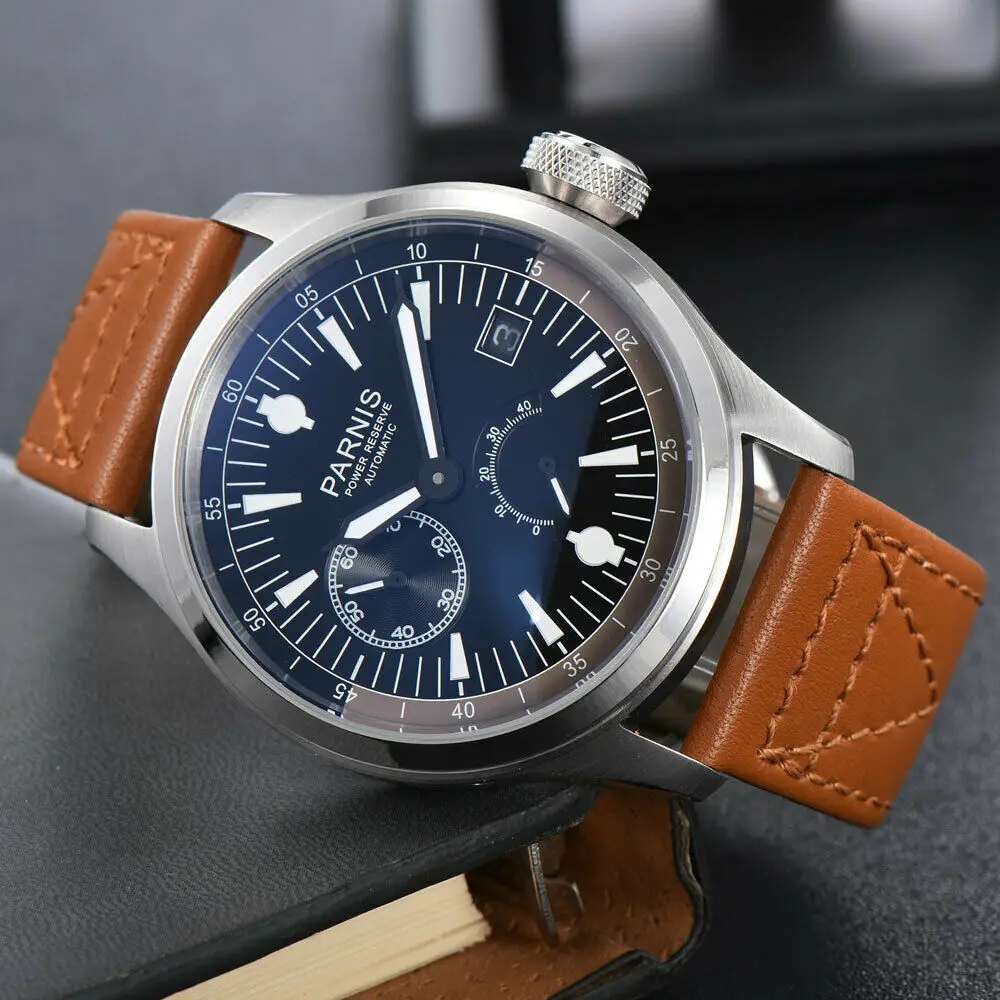Часы мужские механические 46 мм PARNIS с серым/черным циферблатом и кожаным ремешком