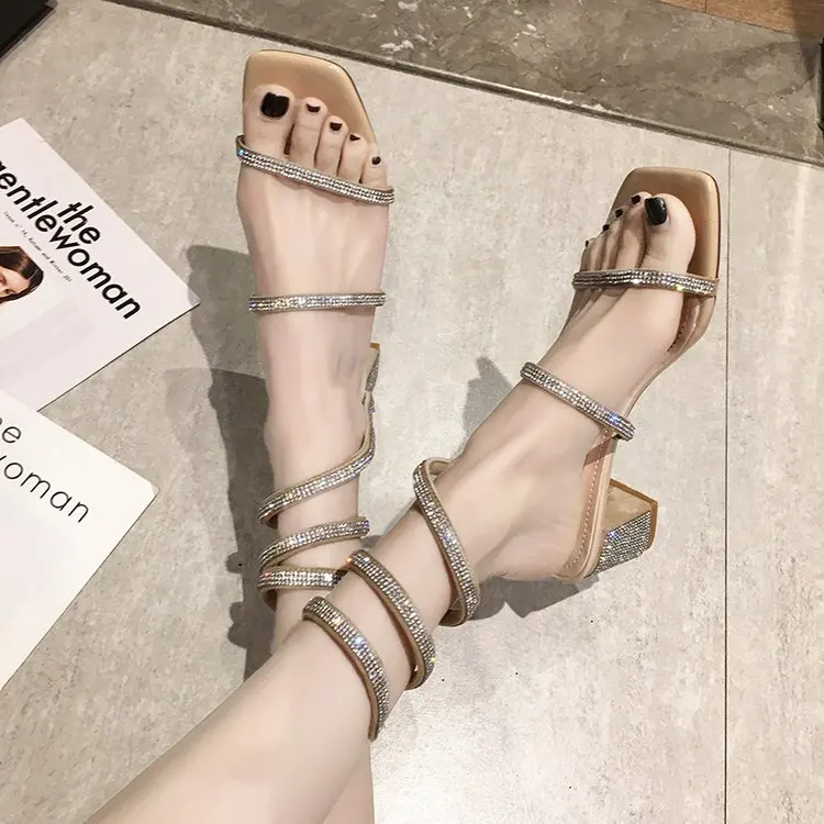 

Koovan Women's Sandals Summer 2021 New Sandals Boots Fairy Style Trend Fashion Rhinestone Chunky Heel Snake Winding Roman Shoes