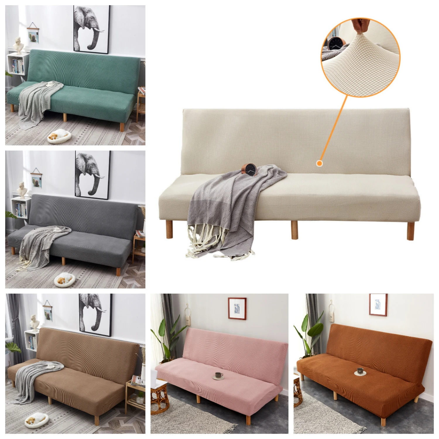 

Solid Color Stretch Sofa Bed Cover No Armrest Thick Plush Universal Spandex Folding Slipcover for Living Room Sofa Towel