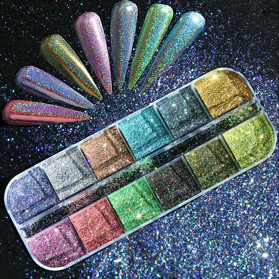 Голографическая пудра для ногтей с блестящими серебряными лазерными блестками