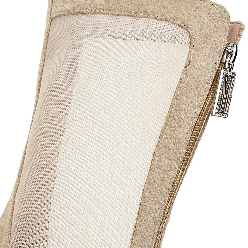 ANMAIRON Flock Mid-Calf  Boots Women Thin Heels Spring/Autumn 2020 Shoes Woman Platform Basic Round Toe Mesh (Air Mesh) Boots