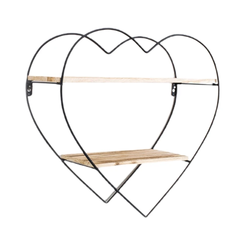 

2 Layer Floating Shelf Black Heart Shelves ,Wall-Mounted Metal Heart Wooded Rack Organizer Storage Farmhouse Design For Home Dec