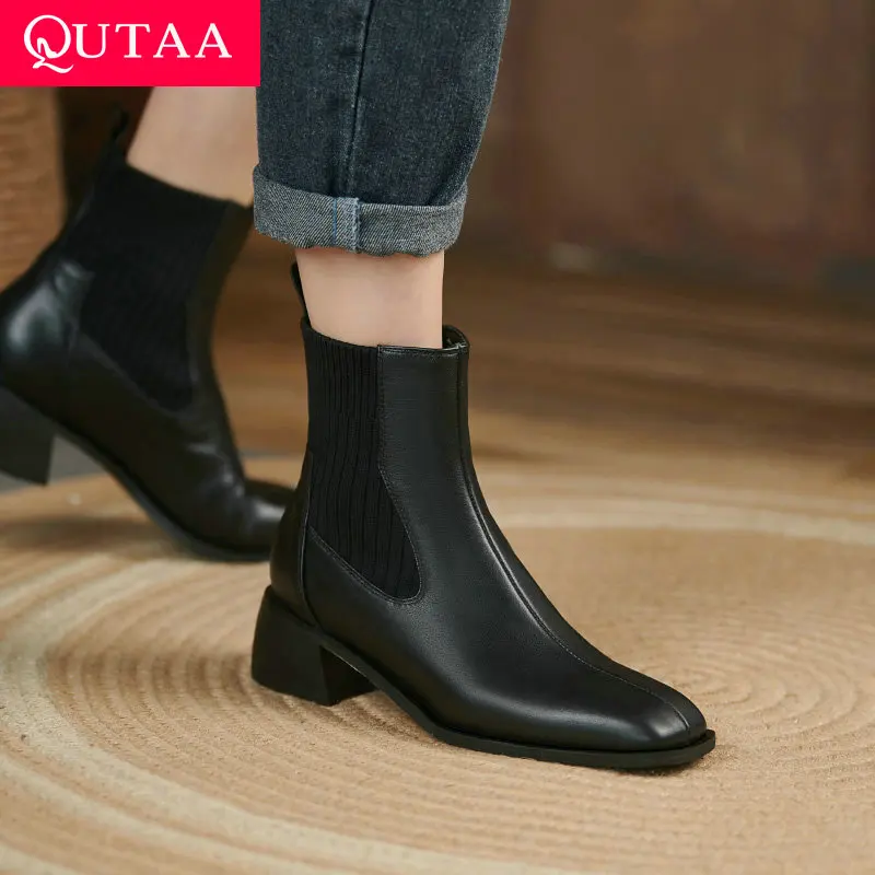 

QUTAA 2022 Square Med Heel Ankle Boots Knitting Ladies Shoes Fashion Autumn Slip On Winter Round Toe Women Boots Size 34-39