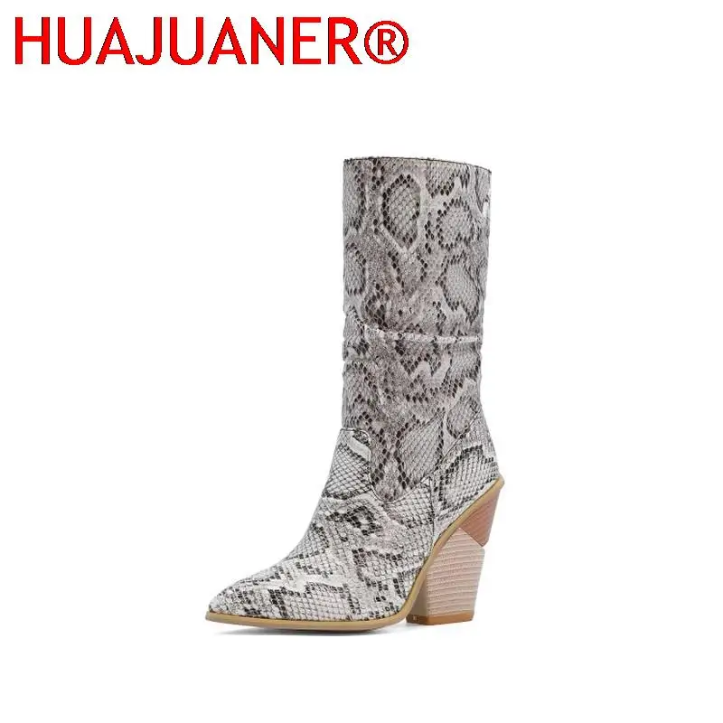 

Mid Calf Boots Women Winter Snake Print Strange Style High Heels Half Boots Pointed Toe Western Cowboy Boots for Woman Size34-48