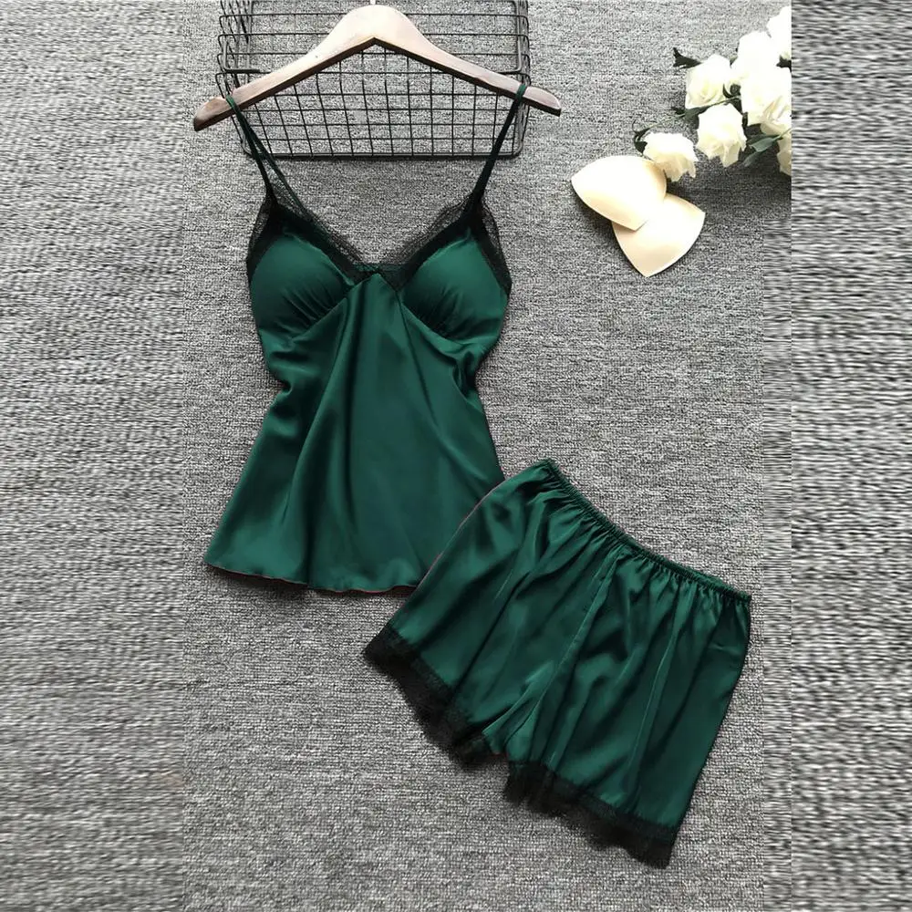 

2020 Women Pajamas Sets Satin Sleepwear Silk 4 Pieces Nightwear Pyjama Spaghetti Strap Lace Sleep Lounge Pijama With Chest Pads