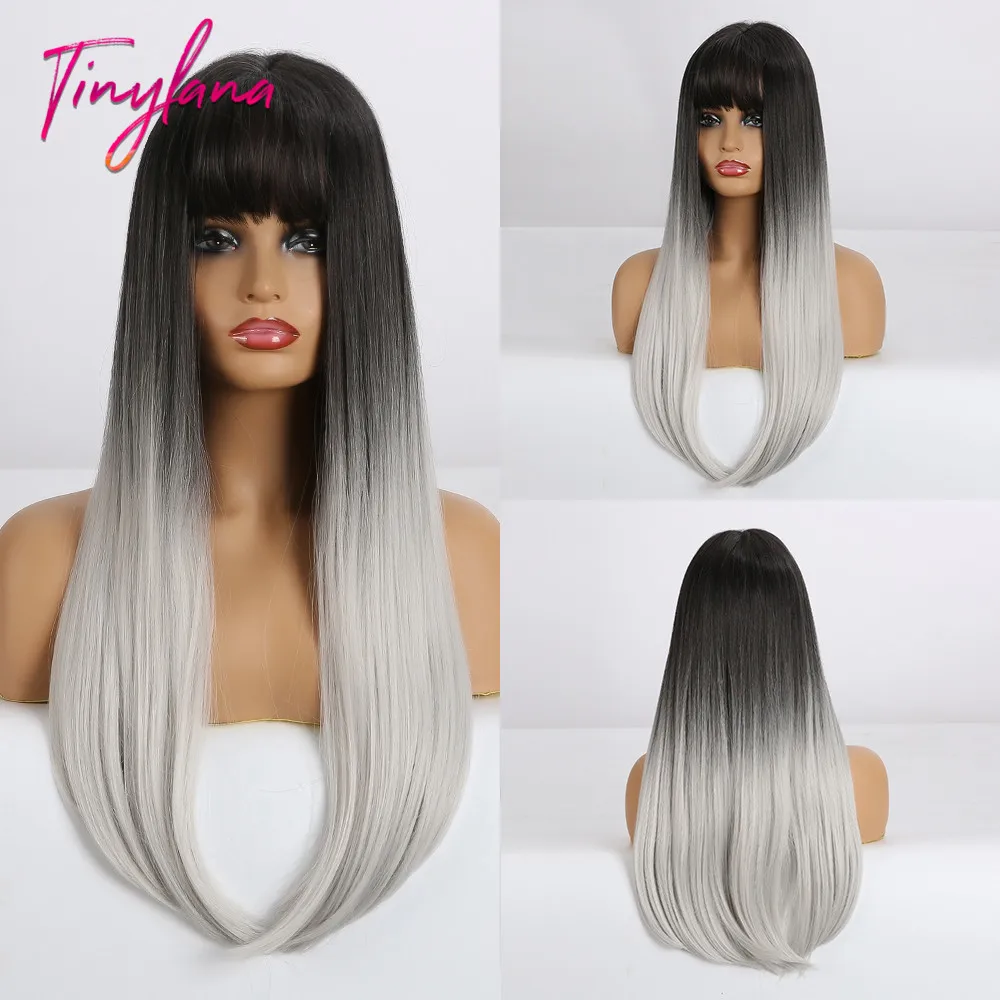 

TINY LANA Ombre Brown Blonde Wigs Cosplay Long Straight Synthetic Wigs With Bangs for Black Women Africa Heat Resistant Fibre