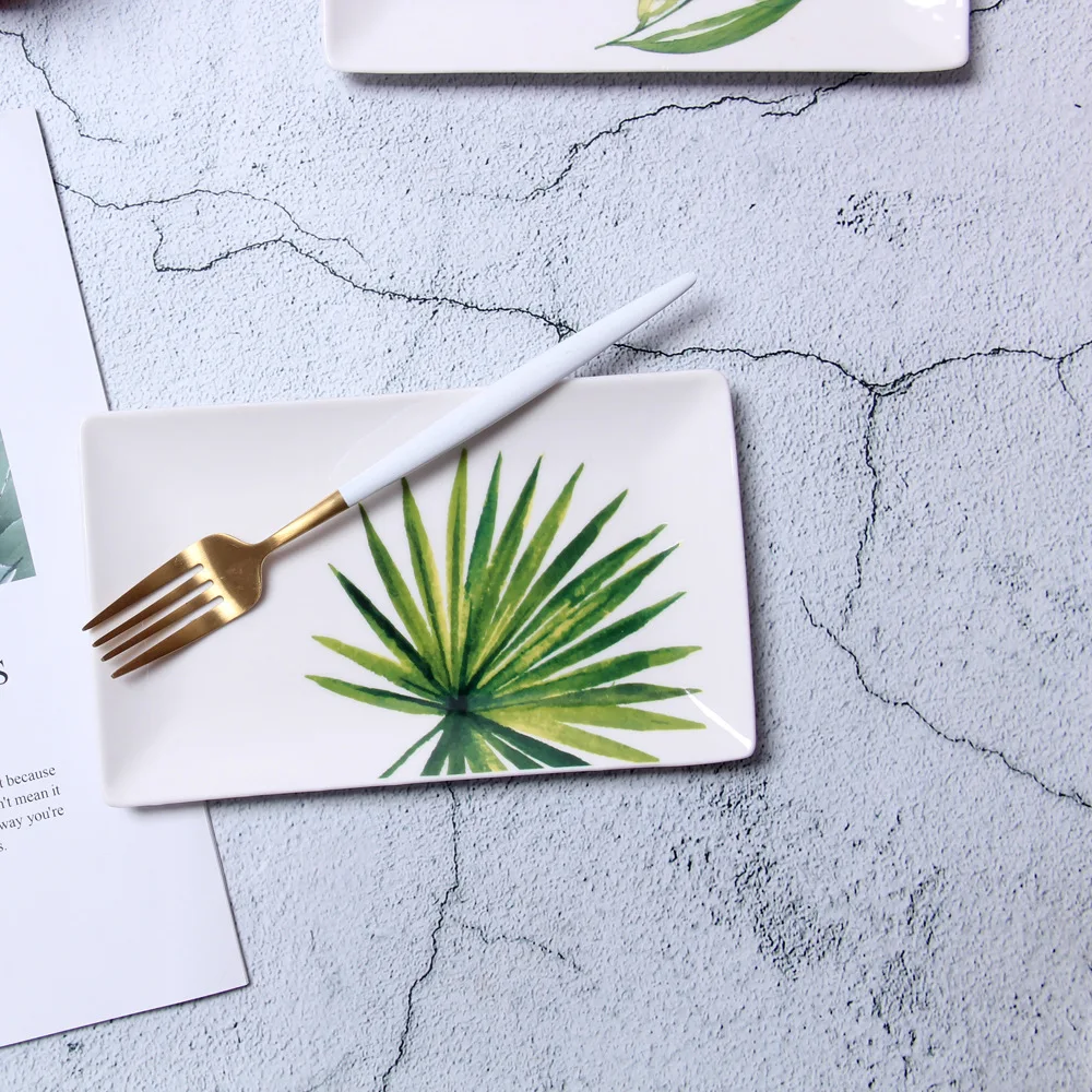 Прямоугольная керамическая тарелка с листьями в скандинавском стиле 8 дюймов