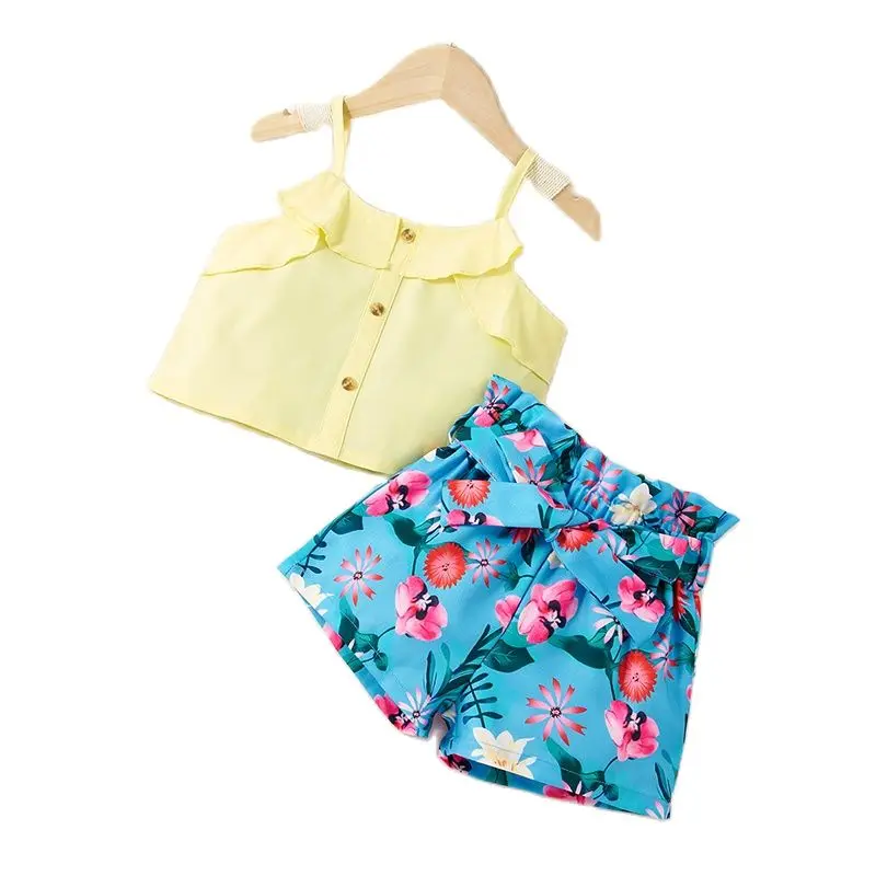 

LZH 2022 Children's Clothing Casual Printing Baby Girls Sets Sling Top+Shorts 2Pcs Suit For Kids Summer Clothes Outfit 2-6 Year