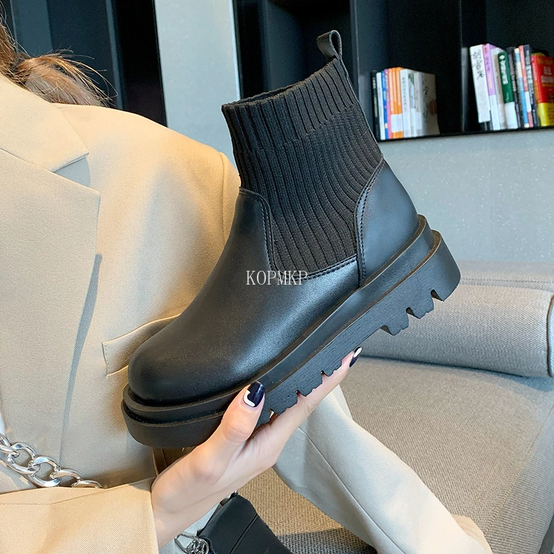 

Женские ботильоны из искусственной кожи, короткие теплые ботинки-носки, модная повседневная женская обувь на платформе с круглым носком, кв...