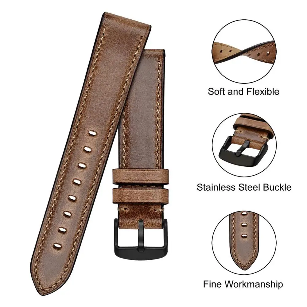 BISONSTRAP Watch Strap 18mm 19mm 20mm 21mm 22mm 23mm 24mm with Black Buckle, Horween Leather Watchband Men Women Luxury Wristban