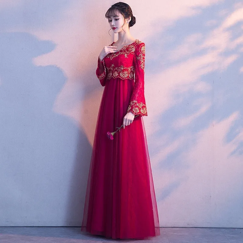 Бордовое платье в китайском традиционном стиле из пряжи для свадьбы подружки