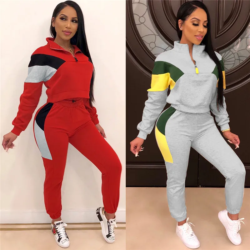 

Women Sport 2 Two Piece Tracksuit Color Patchwork Full Sleeve Turn-down Collar Sweatshirt Pants Casual Sweatsuit Outfits