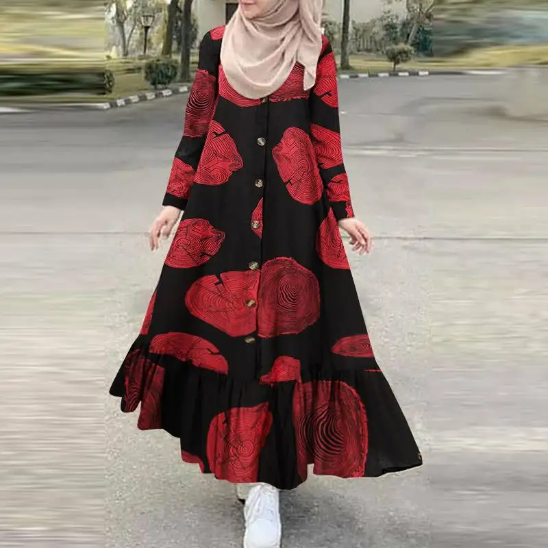 Платье-топ женское с принтом, Турецкая мусульманская абайя, модный Повседневный Сарафан с длинным рукавом, марокканский кафтан на пуговица...