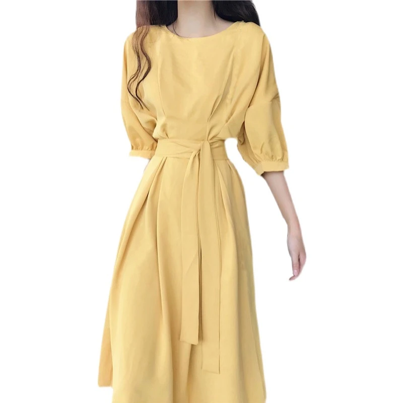 

Women Casual High Waist Mini Dress Short sleeve Sexy O-Neck Solid Color Party Dress 2021 Autumn New Fashion Dress Y771