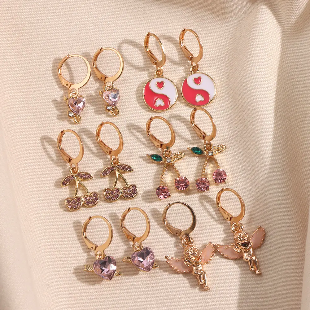 

6Pair/set Pink Crystal Heart Cherry Dangle Earrings Set For Women Golden Metal Angel Drop Earrings Fashion Party Jewelry Gifts