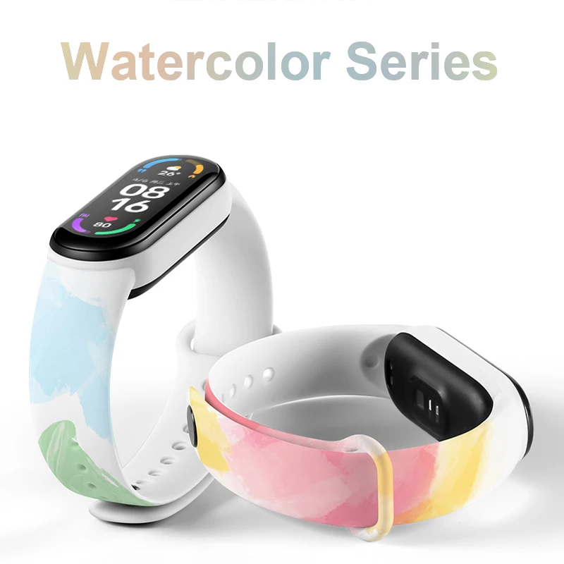 Pемешок на mi band 3 4 5 6 Мягкий браслет Акварельная печать силикон miband ремешокs