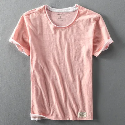 pink Мужские летние модные брендовые бамбуковые хлопковые однотонные футболки с короткими рукавами в японском стиле повседневные простые тонкие белые футболки - Цвет: pink