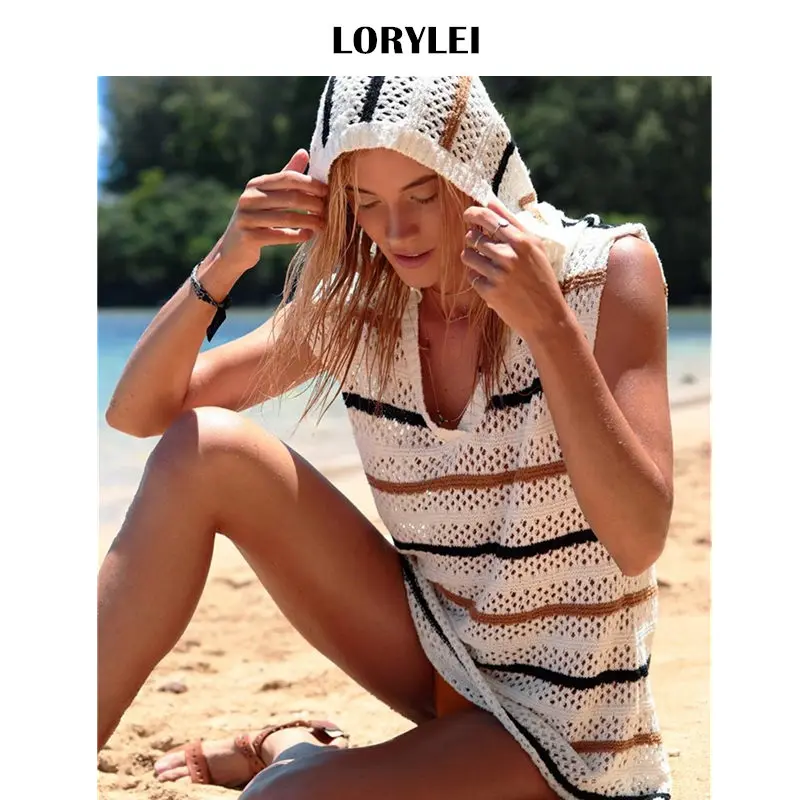 Вязаное крючком белое Полосатое платье без рукавов с капюшоном Сетчатое для