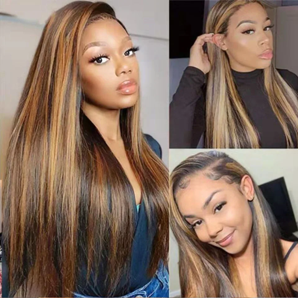 

Fashion Leader Highlight Straight Lace Front Wig Ombre 4/27 Straight Human Hair Wigs 13X4 Transparent Lace Frontal Closure Wigs