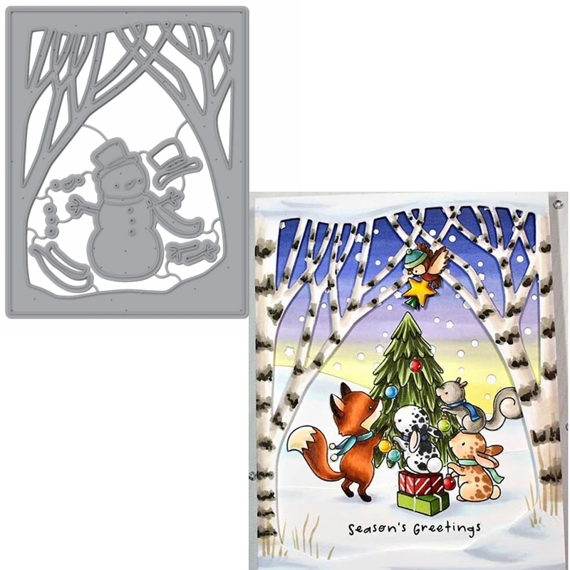 Милый снеговик в лесной рамке металлические штампы трафареты прямоугольная