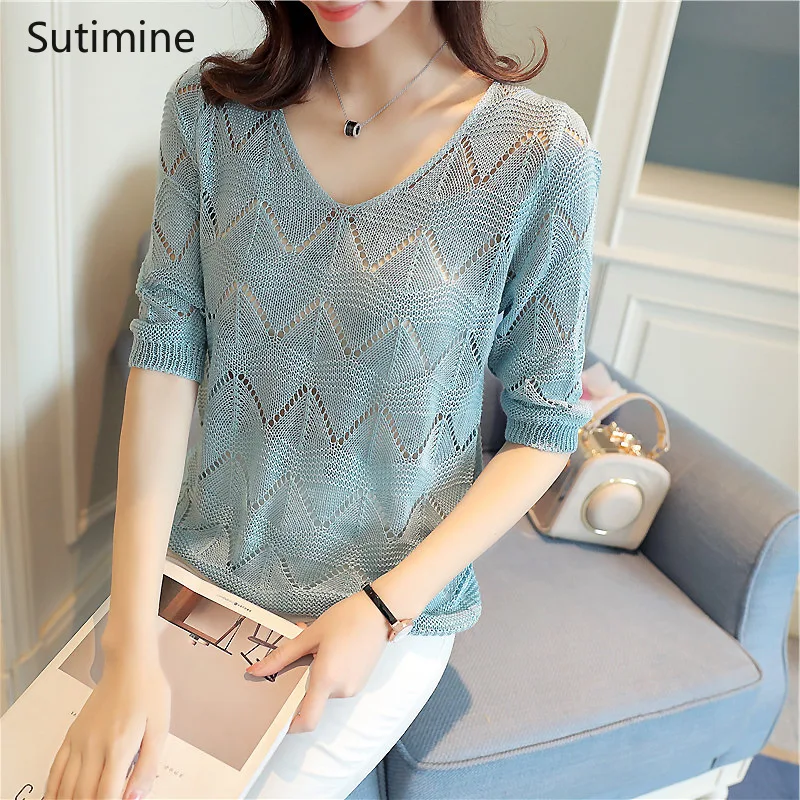

Autumn Women's Hollow V-neck Pullover Thin Knit Sweater New Blouse Women's Loose Mid-sleeve Top Air-conditioning Shirt