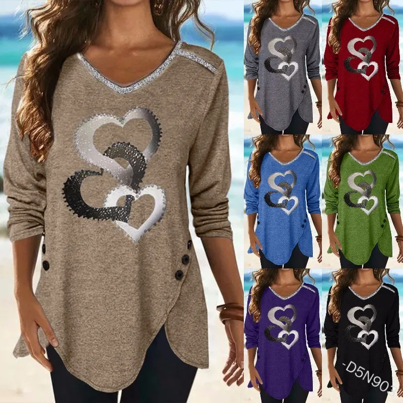 

2021 New Women Fashion Heart Printed T Shirts Sexy V Neck Top Lady Autumn Casual Loose Irregular Hem Long Sleeves Blouse