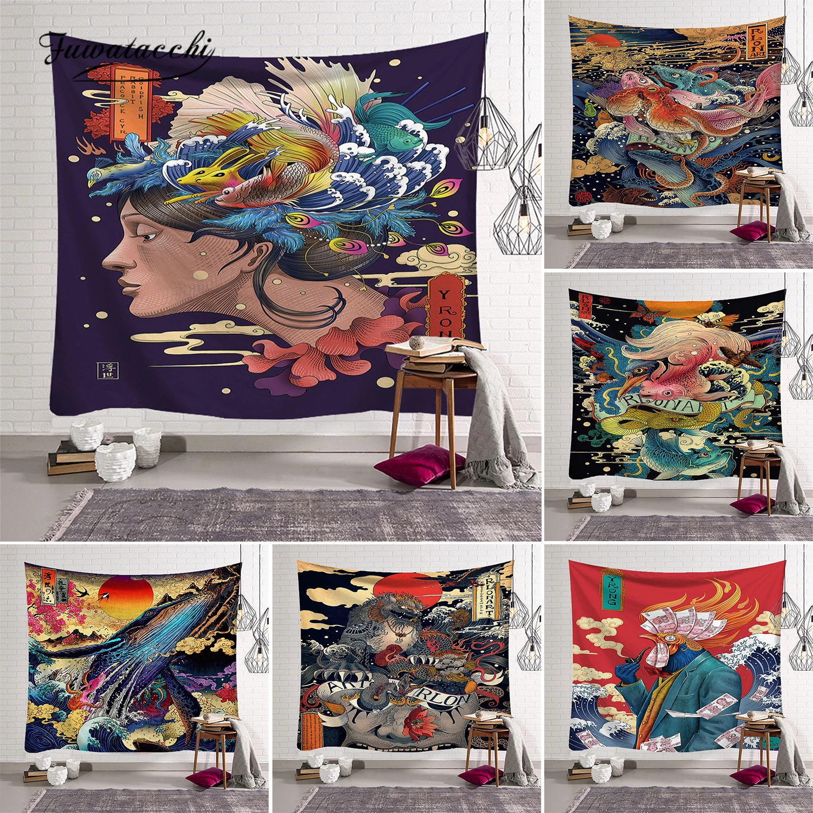 

Fuwatacchi Blanket Tapestry Whale Dragon Fish Dragon Totem Wall Hanging Bohemian Bed Blanket Wall Home Room Decoration Tapestry