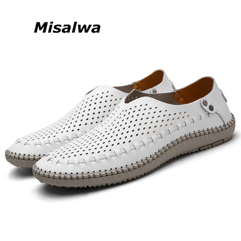 

Misalwa Summer Spring Hollow Men Flats Breathable White Leather Men Loafers Handmade Sewing Simple Men Moccasins
