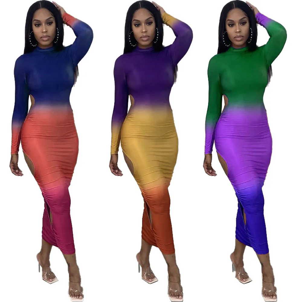 

Sexy Bust Tight Butt SkirtS Long Sleeve Dresses Gradient nightclub sexy casual long sleeve dress Dropship Women Clothing