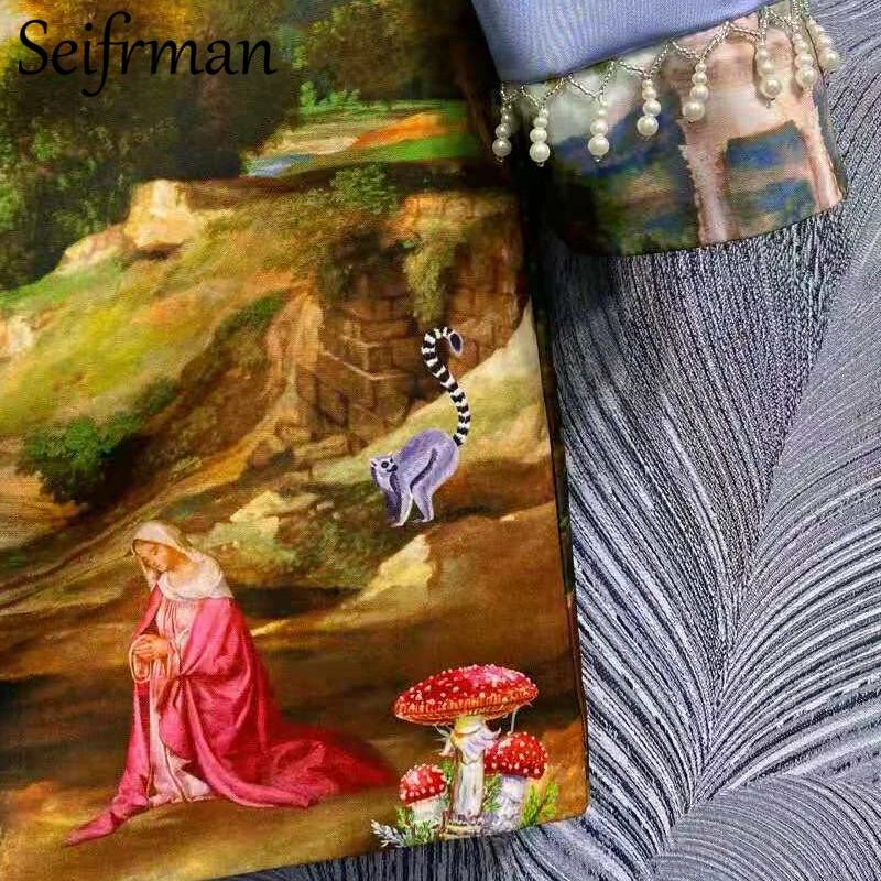 

Seifrmann Women Summer Fashion DesignerSkirt Set Crystal Beading Loose Blouses + High Waist Print Short Skirt 2 TwoPiecesSuit