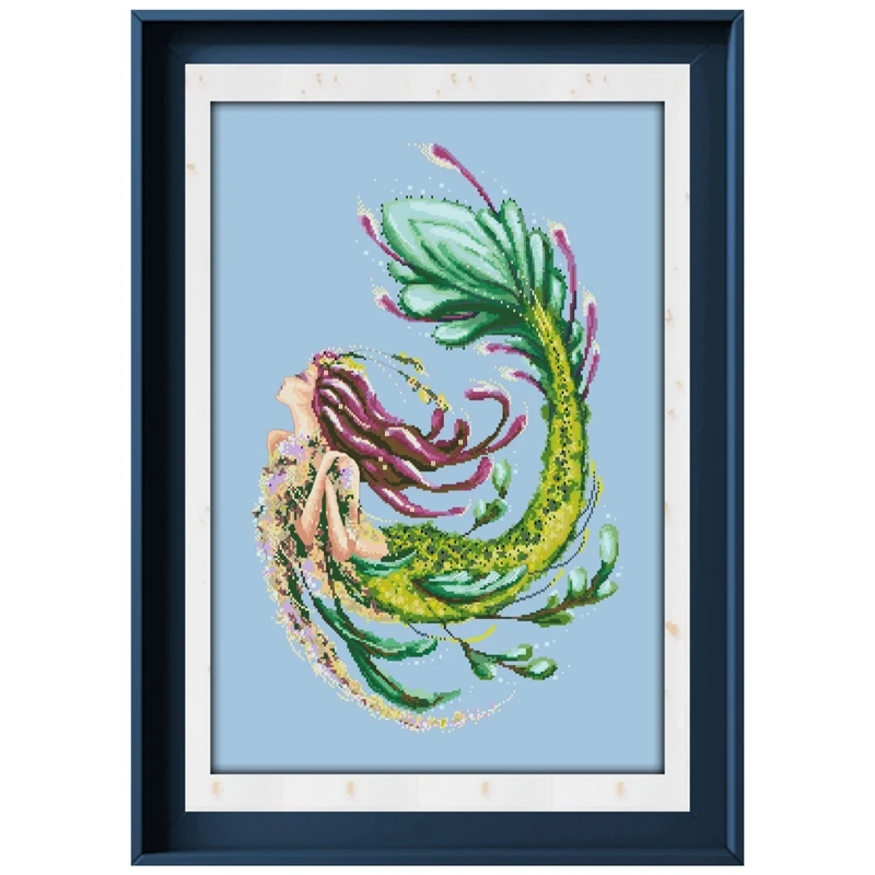 Mermaid fairy cross stitch kit beads pattern design 18ct 14ct 11ct skyblue canvas embroidery DIY needlework