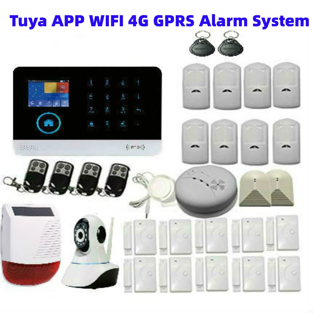

Tuya APP Wireless WIFI 4G SIM Home Security Burglar Alarm System Video IP Camera Solar Power Siren Smoke Fire Sensor Detector