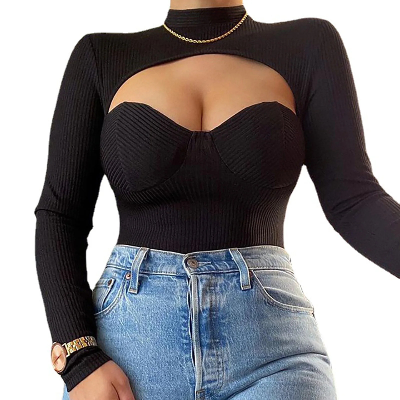 

Sexy Womens Cutout Rib Knit Pullover Tops Polyester Casual Fall Spring Long Sleeve Mock Neck Solid Color Slim Fit T-Shirts