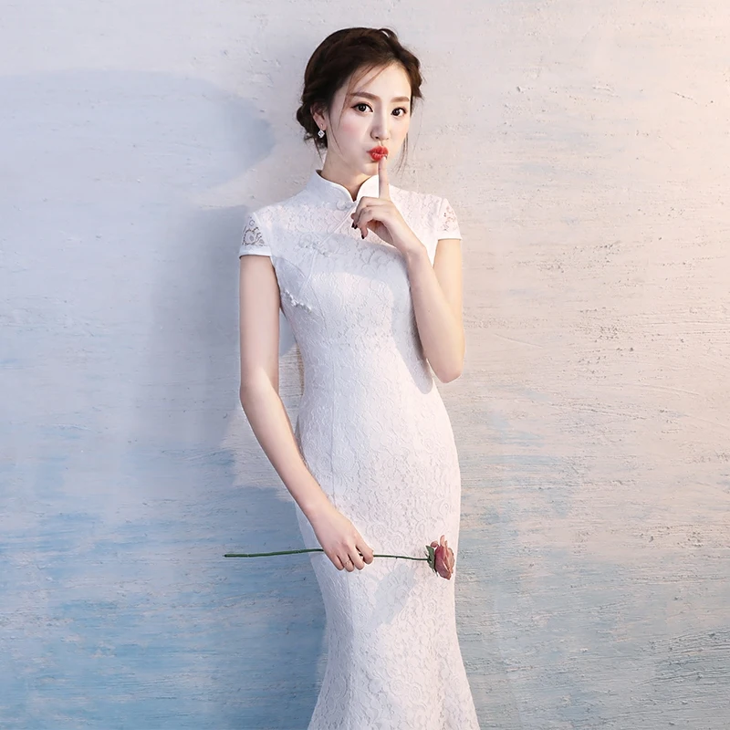Кружевное изысканное платье-Ципао с белыми цветами винтажное платье на