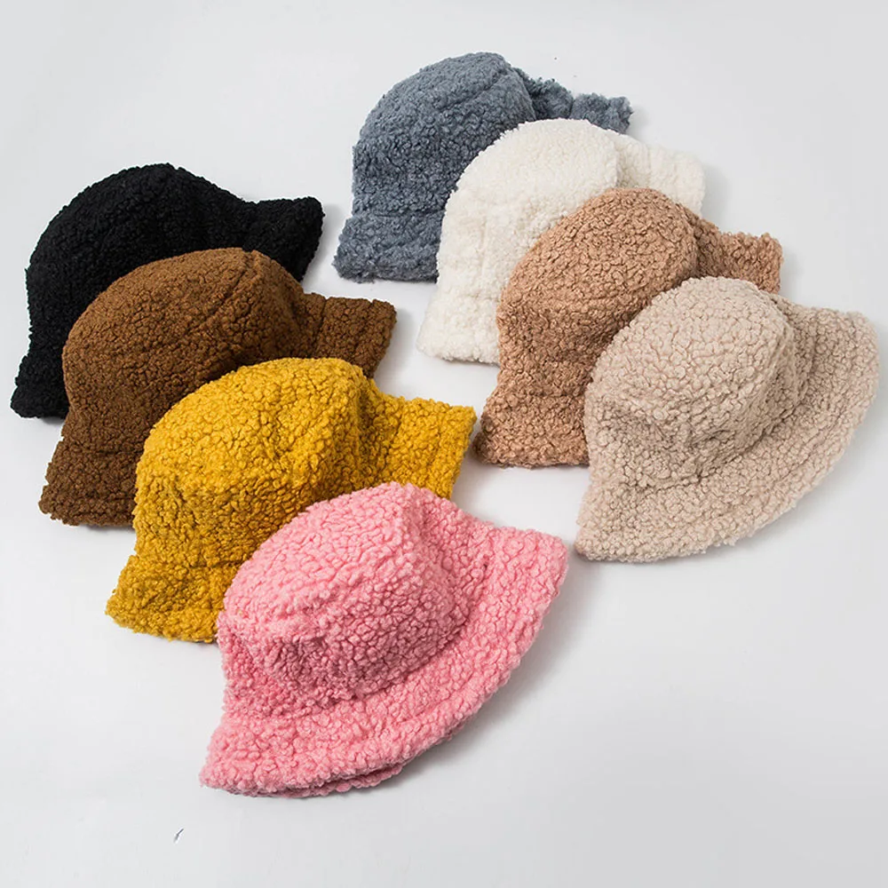 

Women Hat Solid Artificial Fur Warm Female Cap Faux Fur Winter Bucket Hat for Women Outdoor Sunscreen Sun Hat Panama Lady Cap