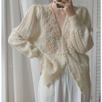 french vintage pearl mohair sweaters women lace v neck full sleeve chic small fragrant soft lazy wind women blouse cardigan