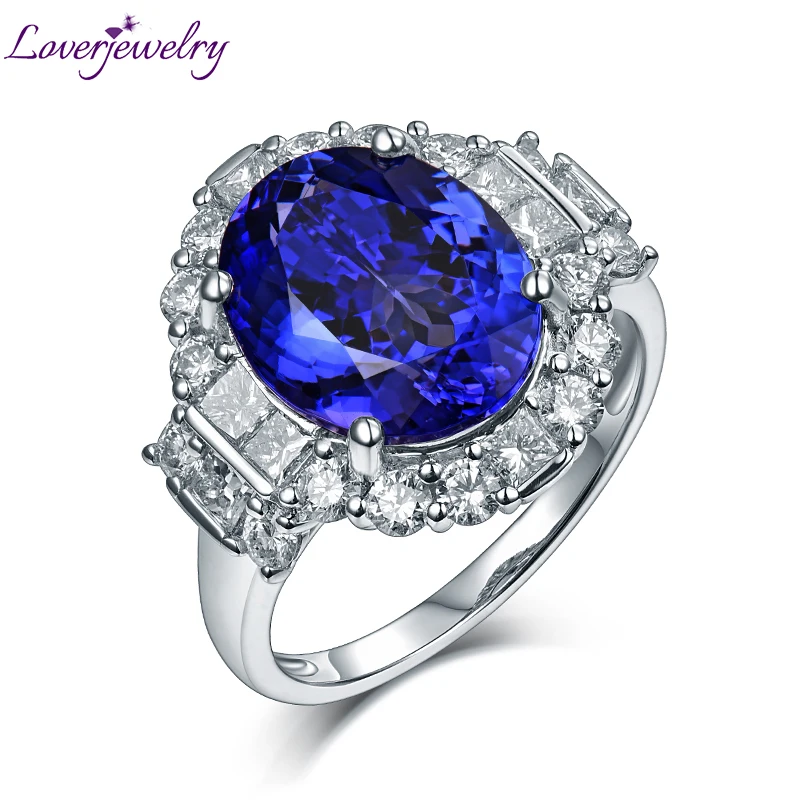 LOVERJEWELRY Natural Blue Tanzanite Stone Oval Cut 10x12mm Real 18Kt White Gold Rings 1.33ct Diamonds Tanzanite Ring For Women