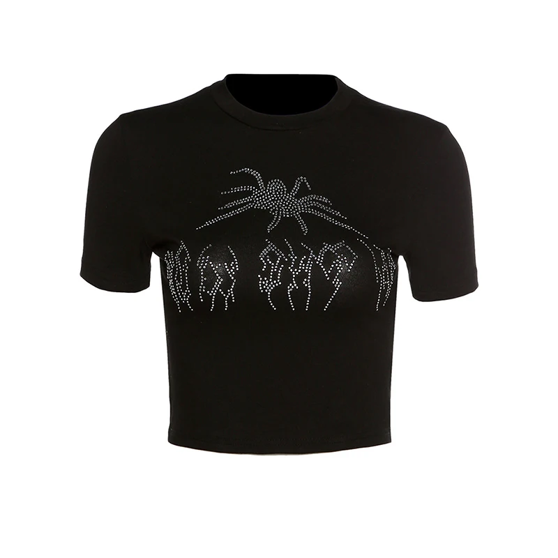 

Nice Spring Woman Cotton Spider Breading Tshirts Y2k Short Sleeve Crop Top Streetwear Stretchy Female Fashion