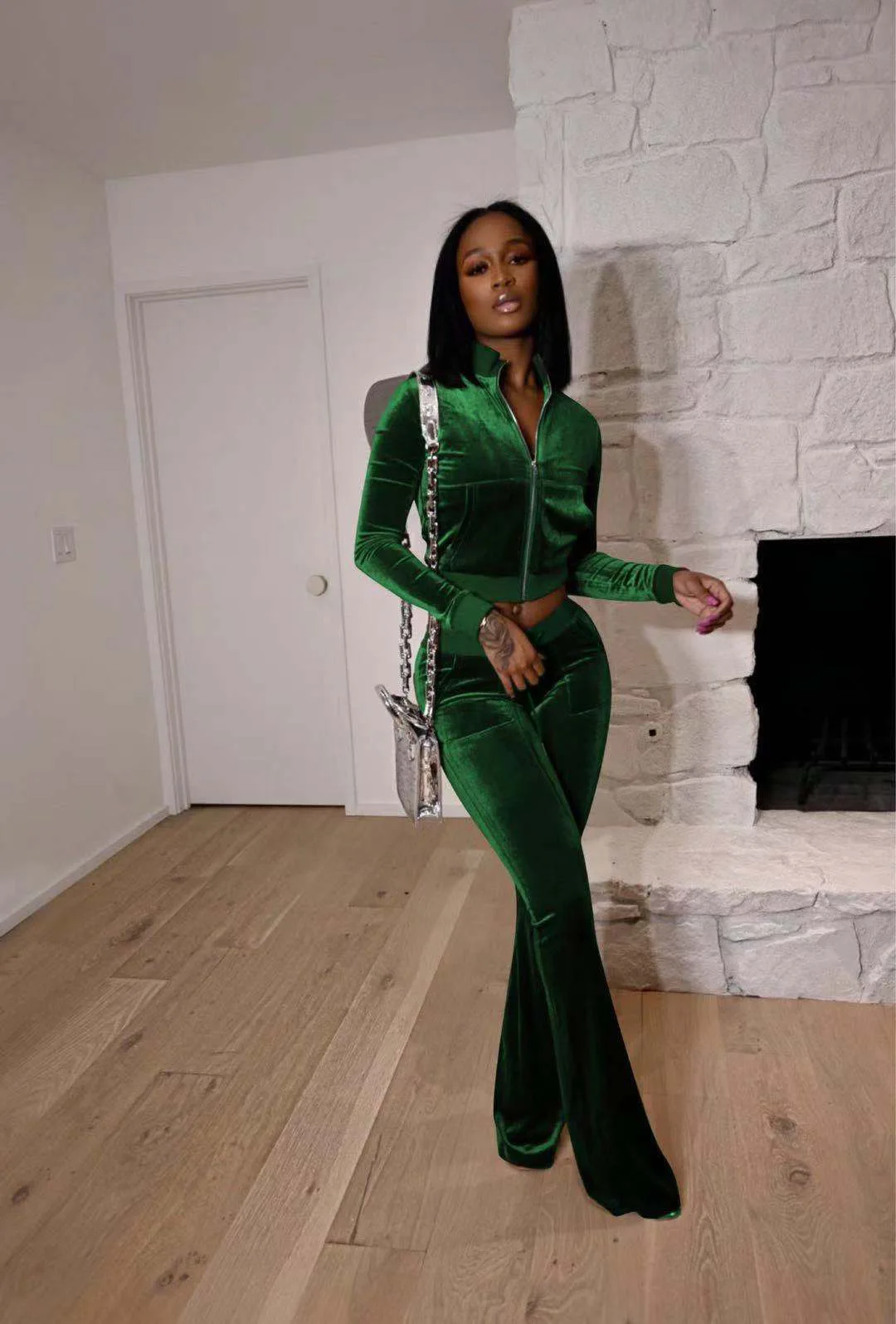 Модный однотонный Велюровый комплект из двух предметов женский простой