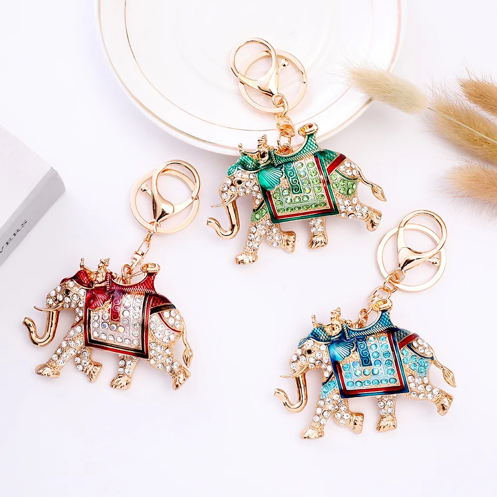 

Fashion Diamond Inlaid Elephant Creative Keychain Customized Metal Stereo Thai Car Pendant Small Gift Creativity Bag Accessories
