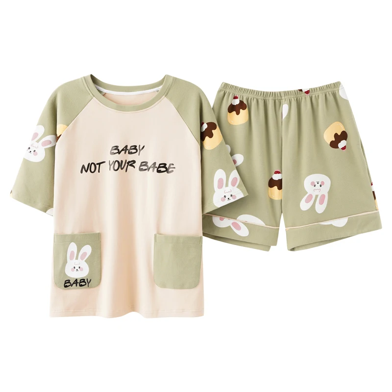 

Summer Fashion Green Patchwork Cartoon Pajamas Sets For Women Sleepwear Cute Rabbit Printed Pocket Cotton Short Sleeve Homewear
