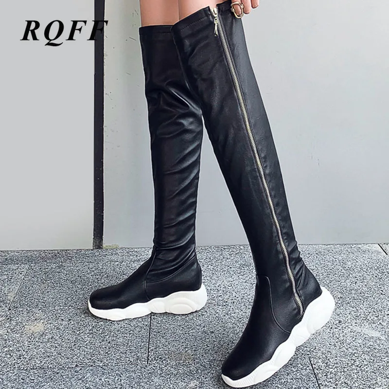 Женские сапоги выше колена на молнии черные или белые однотонные из