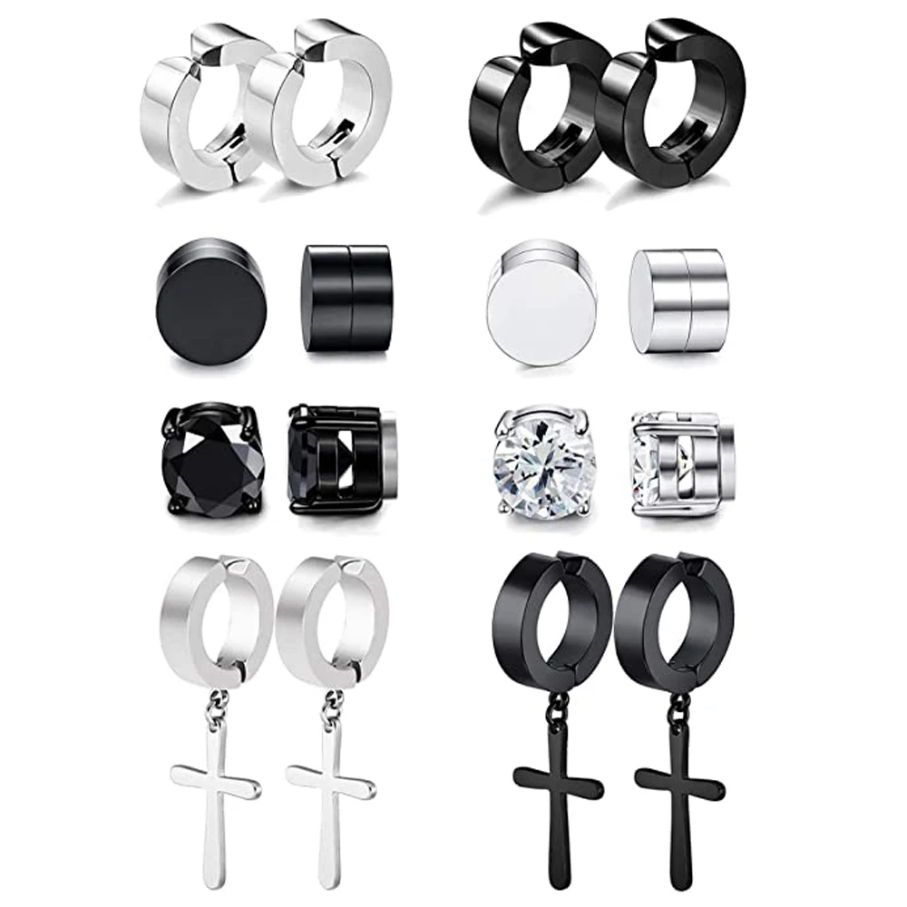 8 Pairs Magnetic Stud Earrings for Men Women Stainless Steel Hoop Cross Non Piercing Fake Gauges Earring Black CZ Magnet Earring