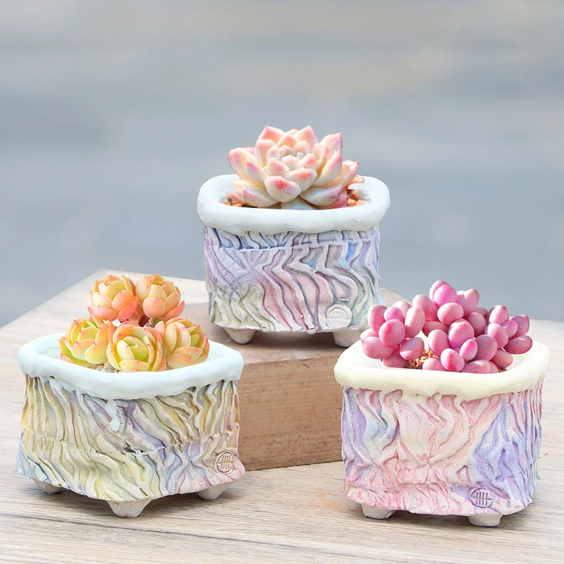 

Korean Hand Pinched Tree Skin Pattern Color Ceramic Bonsai Succulents Green Plant Square Flower Pot Home Creative Gardening