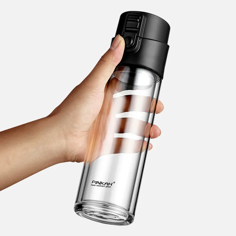 Pinkah Drinking Cup 2-Layer High Borosilicate Glass with Tea Filter Bouncing Lid 380ml Leak-Proof Travel Water Bottle | Дом и сад