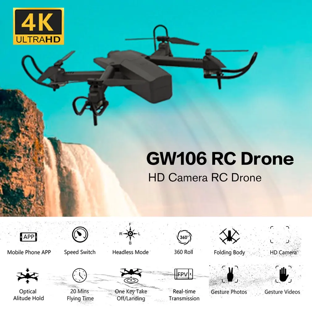 GW106 Foldable RC Drone With 4K HD Camera FPV Long Flight Time Headless Mode RC Helicopter Aircraft Remote Control Toys