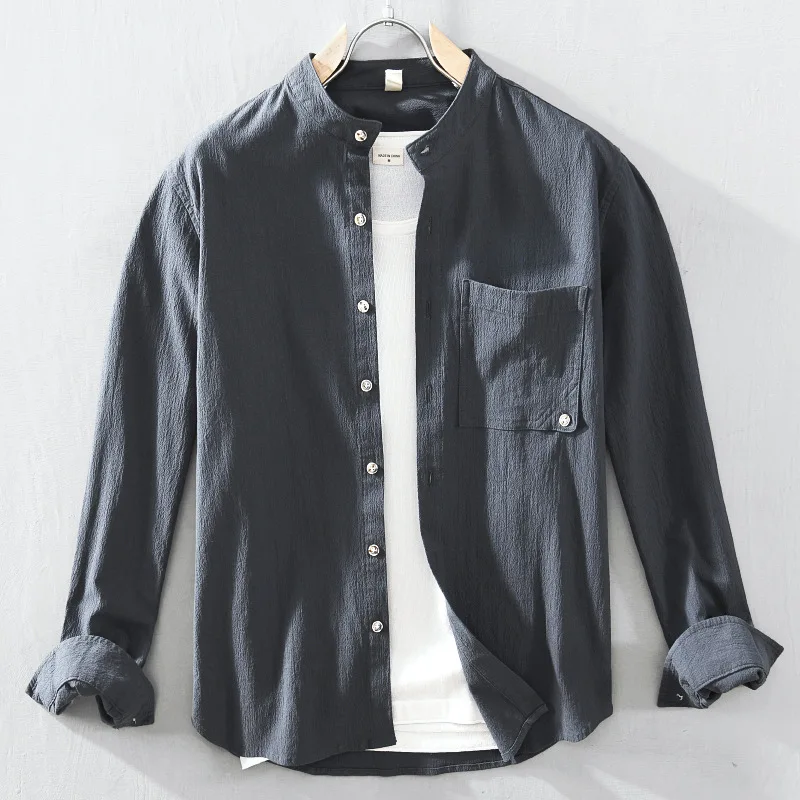 

A910 Simple Solid Color Men Shirts Business Casual Cotton Comfortable Breathable Stand Collar Loose Youth Daily Thin Jackets