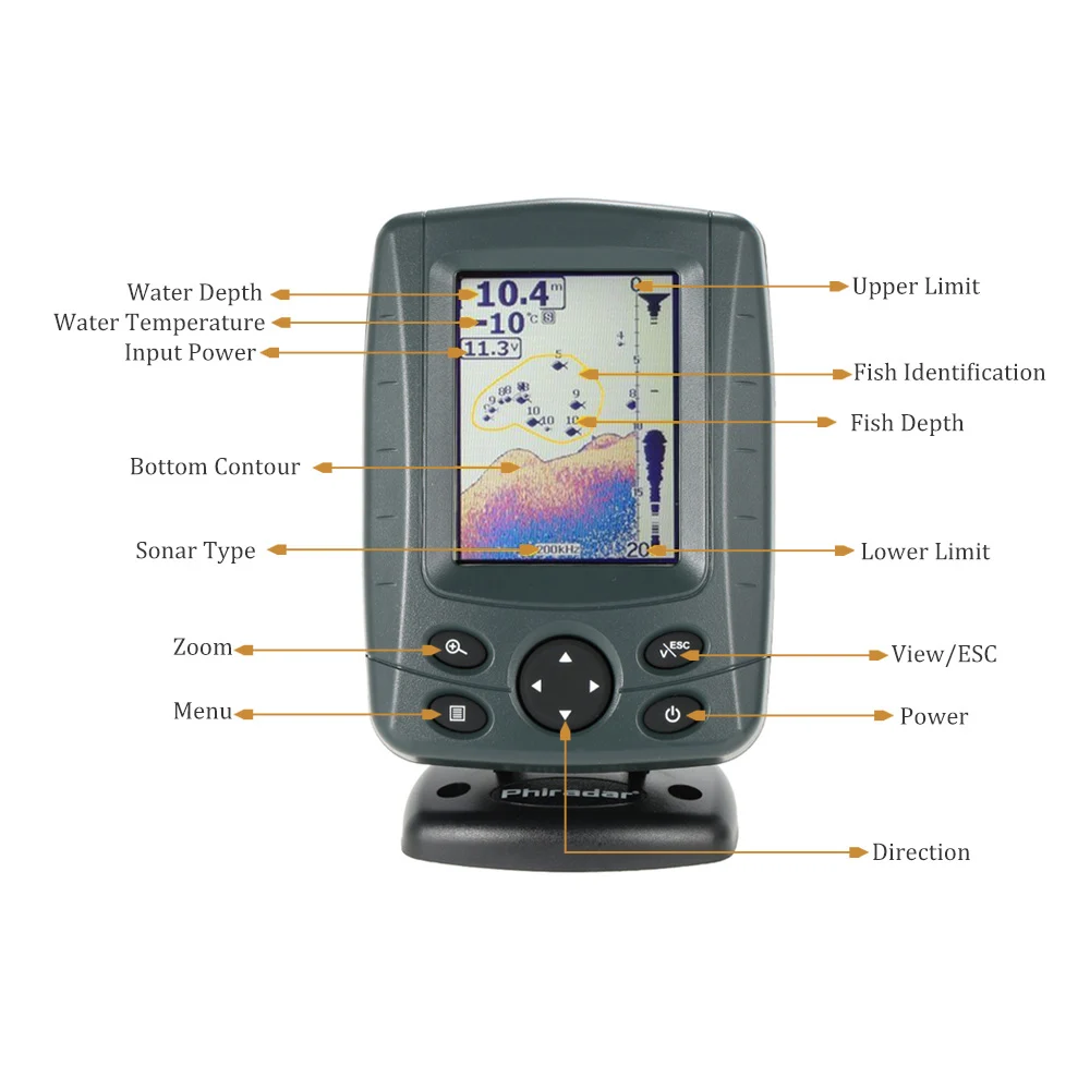 Portable Sonar Fish Finder 3.5" LCD Boat Finder 0.6M to 80M echo sounder 200KHz/83KHz Duel Beam Fish Detector Depth Locator 2