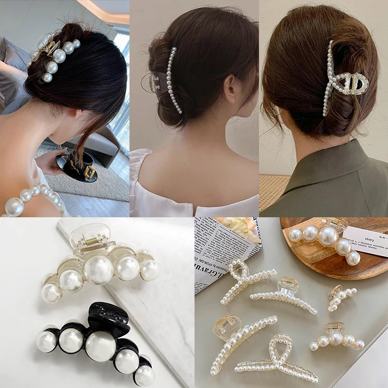 

14 Styles Big Pearls Hair Clip Claws Oversize Small Tiktak Hair Accessories for Women Korean Black White Barrette 2021 New