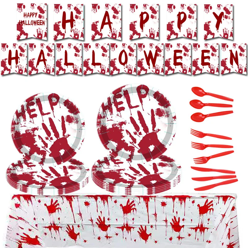 

Halloween Horror Blood Hand Birthday Holiday Party Set Pull Flag Paper Cup Paper Plate Birthday Supplies Decoration
